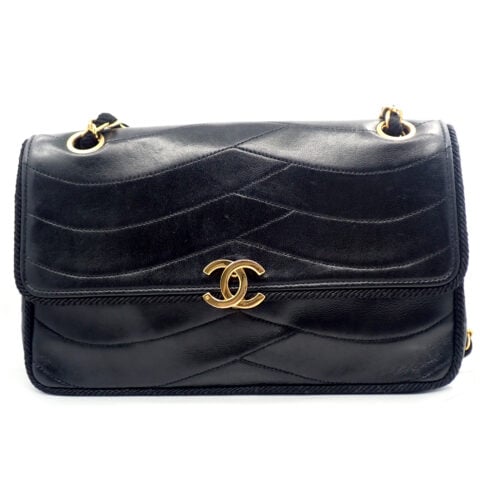 CHANEL シャネル Wチェーン ショルダー 波ステッチ マドモアゼル ブラック