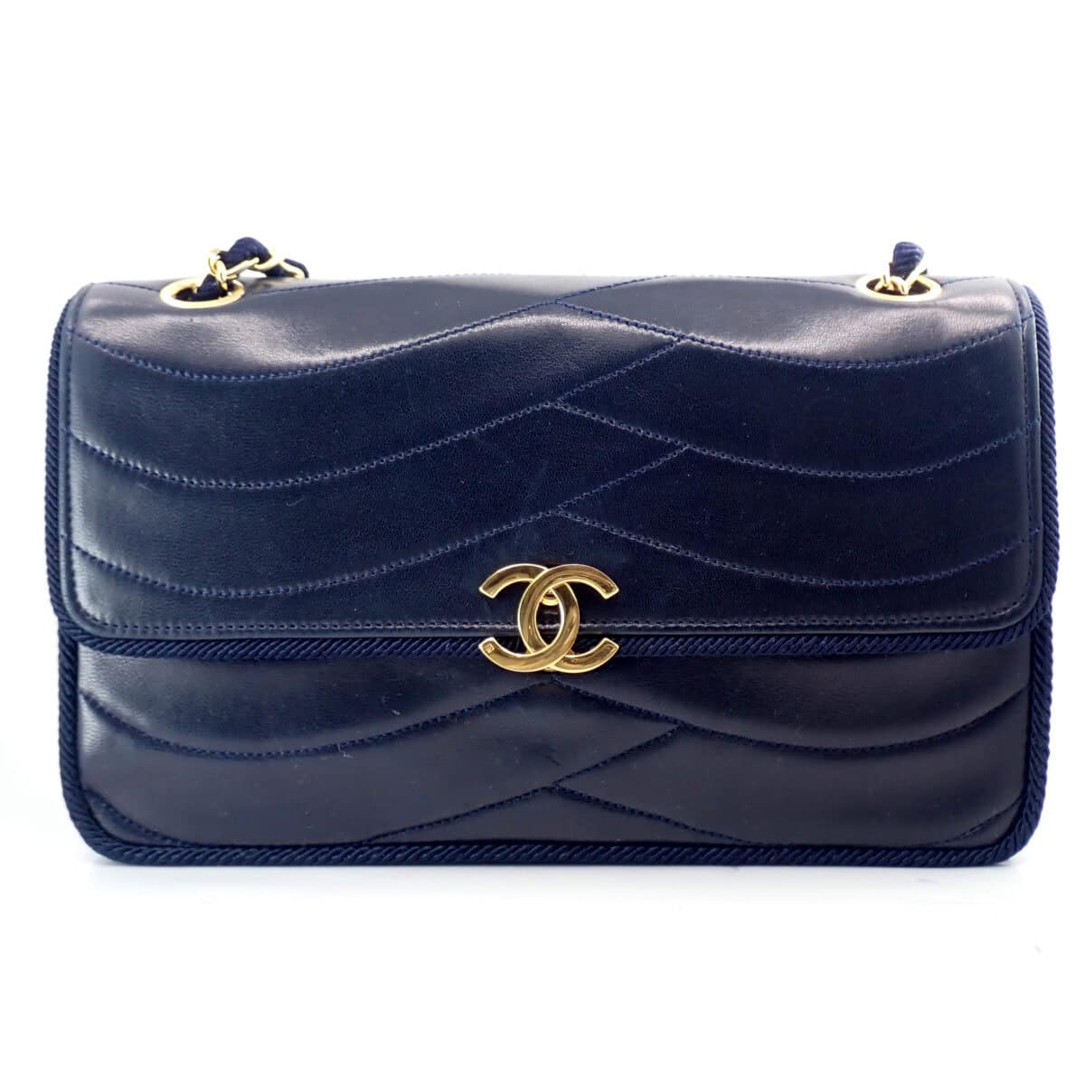 CHANEL シャネル Wチェーン ショルダー 波ステッチ マドモアゼル ネイビー