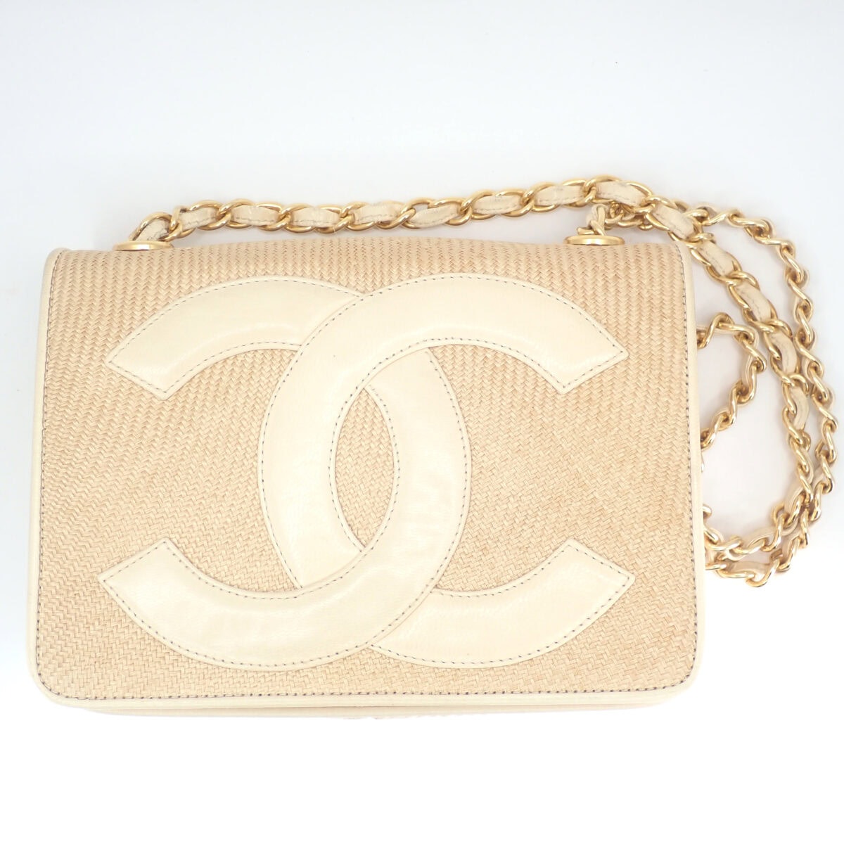 CHANEL ココマークチェーンショルダーバッグ ストロー/レザー ブラック