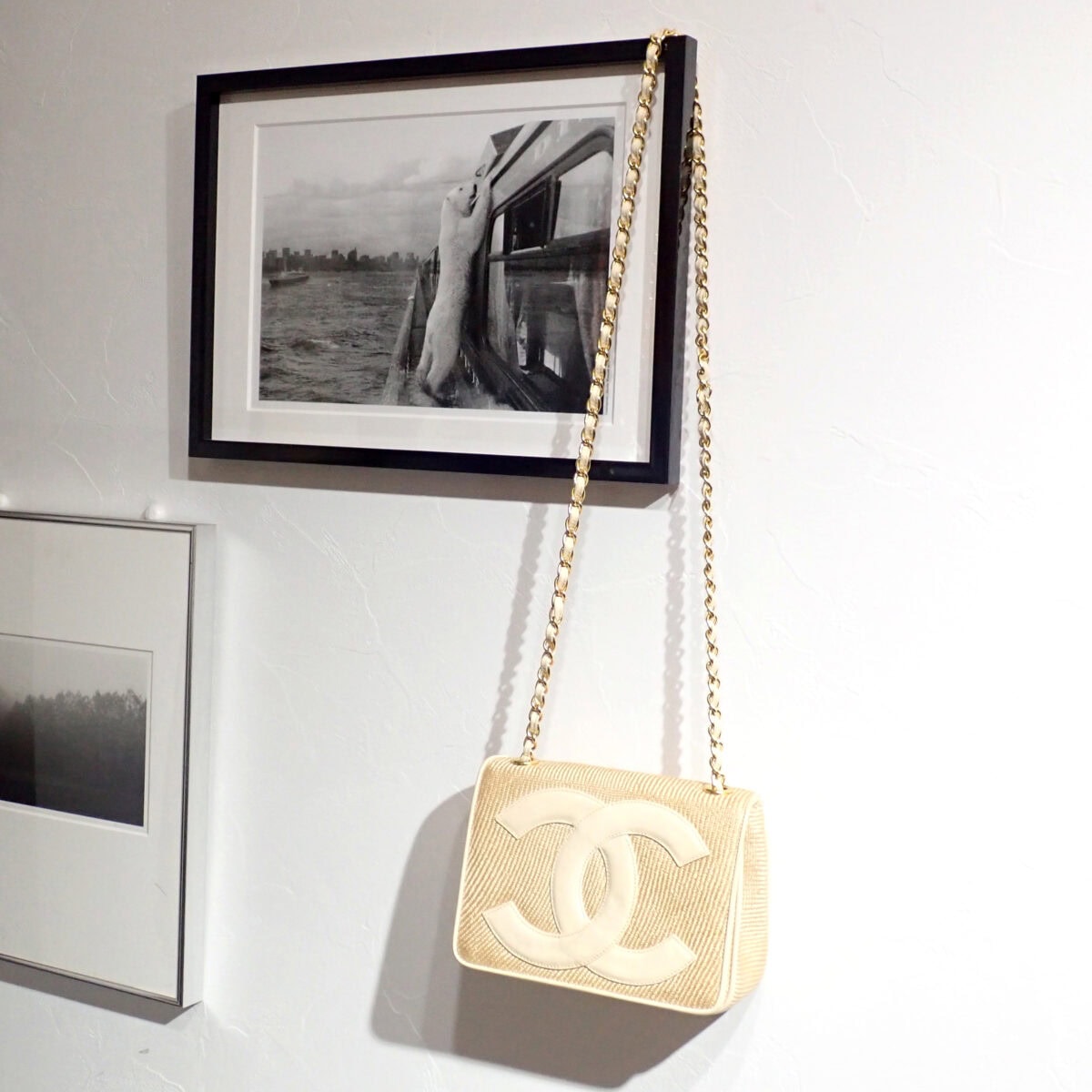 CHANEL ココマークチェーンショルダーバッグ ストロー/レザー ブラック