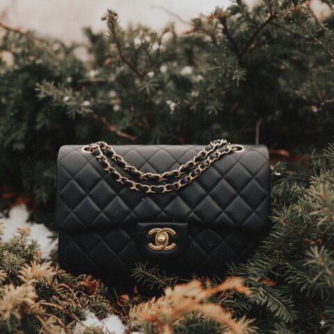 シャネルブラックレザークラッチバッグとゴールドチェーンの高級ブランドバッグ, クリスマスや冬の季節に映えるラグジュアリーアクセサリー.