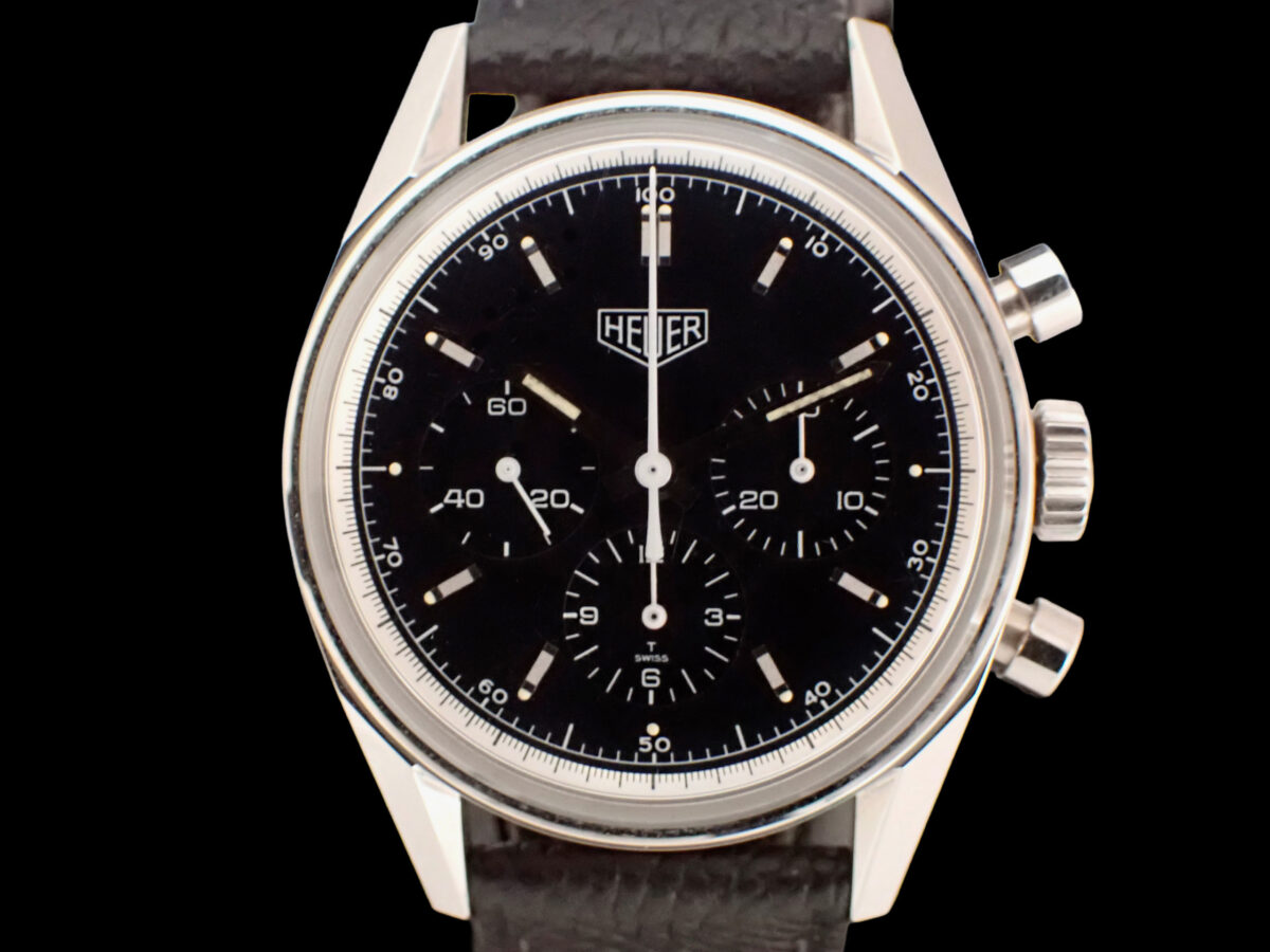 heuer-carrera-cs3111-bc0725-01-front HEUER Carrera CS3111.BC0725 – 1996 Re-Edition, Black Dial ホイヤー カレラ CS3111.BC0725 1996年復刻モデル ブラック文字盤 手巻きクロノグラフ ノンポリッシュ BOX・1998年保証書付き