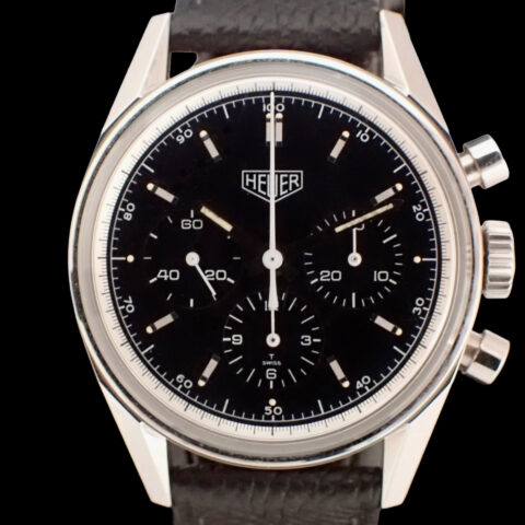 heuer-carrera-cs3111-bc0725-01-front HEUER Carrera CS3111.BC0725 – 1996 Re-Edition, Black Dial ホイヤー カレラ CS3111.BC0725 1996年復刻モデル ブラック文字盤 手巻きクロノグラフ ノンポリッシュ BOX・1998年保証書付き