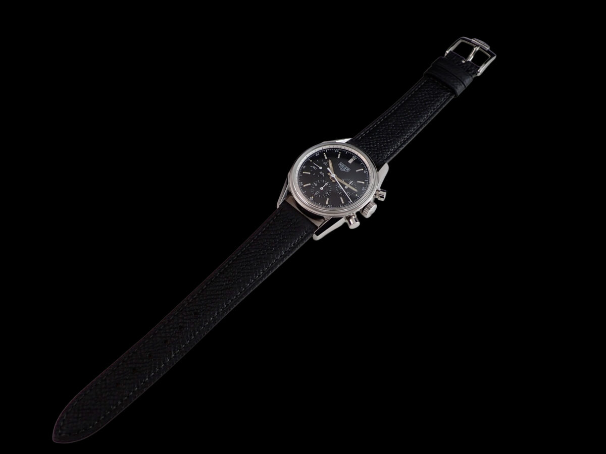 heuer-carrera-cs3111-bc0725-12-full-front HEUER Carrera CS3111.BC0725 – 1996 Re-Edition, Black Dial ホイヤー カレラ CS3111.BC0725 1996年復刻モデル ブラック文字盤 手巻きクロノグラフ ノンポリッシュ BOX・1998年保証書付き
